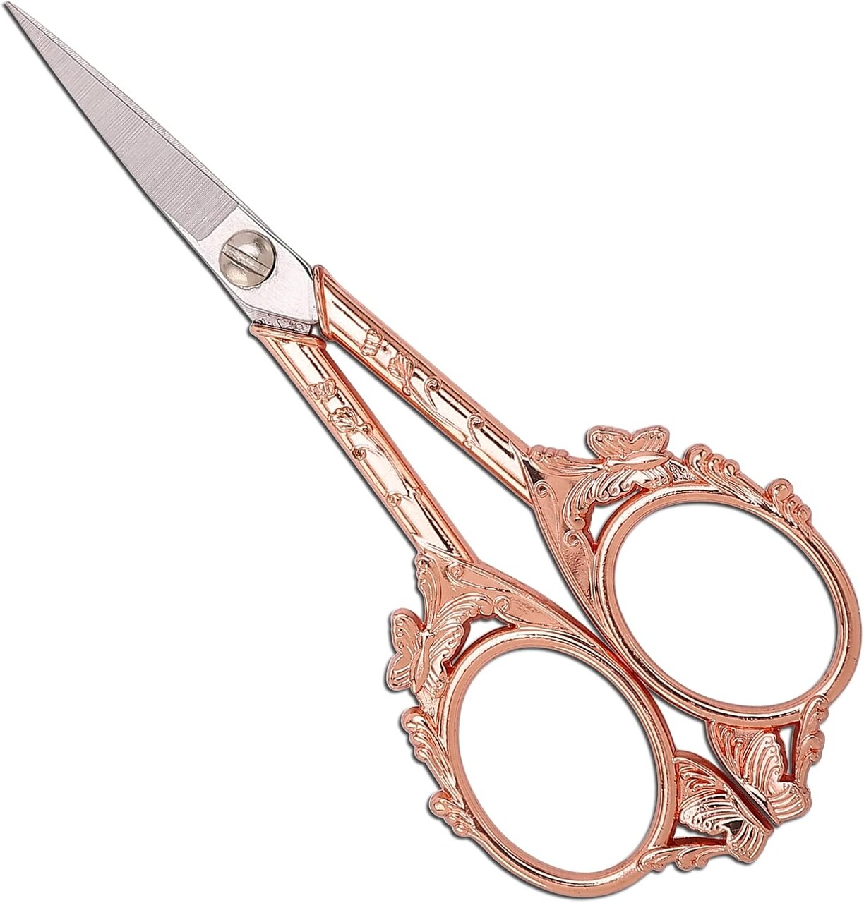 Small crochet scissors with sharp tip, embroidery and sewing scissors for detailed needlework, cross stitch and threading, 4.7 inch rose gold butterfly design, ideal for handicraft and diy projects.
